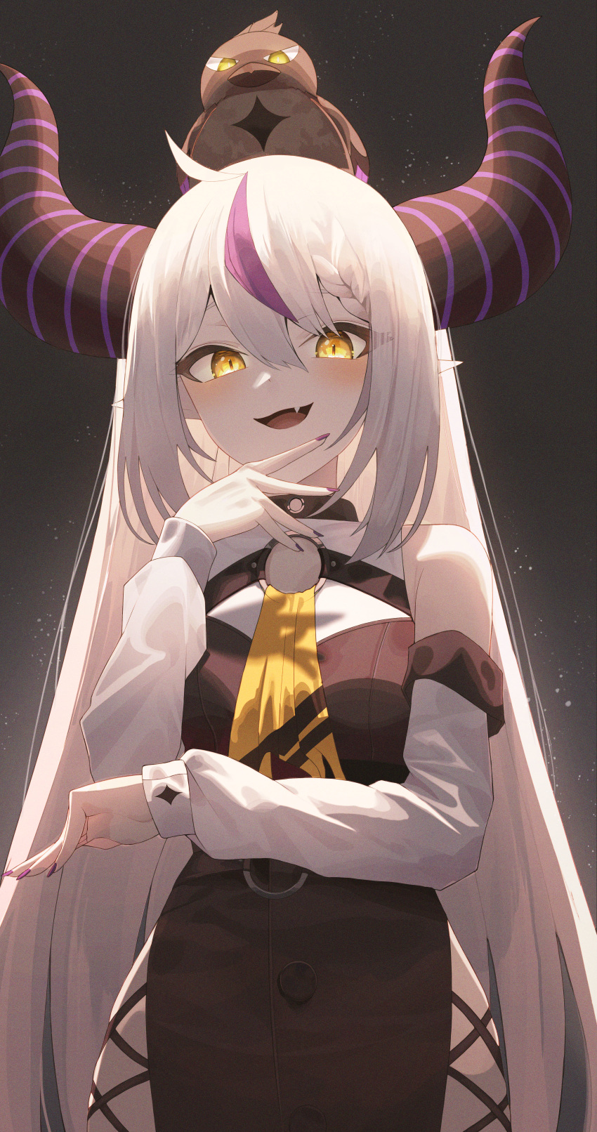 1girl absurdres black_dress black_horns crow_(la+_darknesss) detached_sleeves dress fang hair_between_eyes highres hololive horns la+_darknesss lnji_(rnlwls34) long_hair looking_at_viewer multicolored_hair nail_polish open_mouth purple_hair purple_nails smile streaked_hair striped_horns virtual_youtuber white_hair white_sleeves yellow_eyes