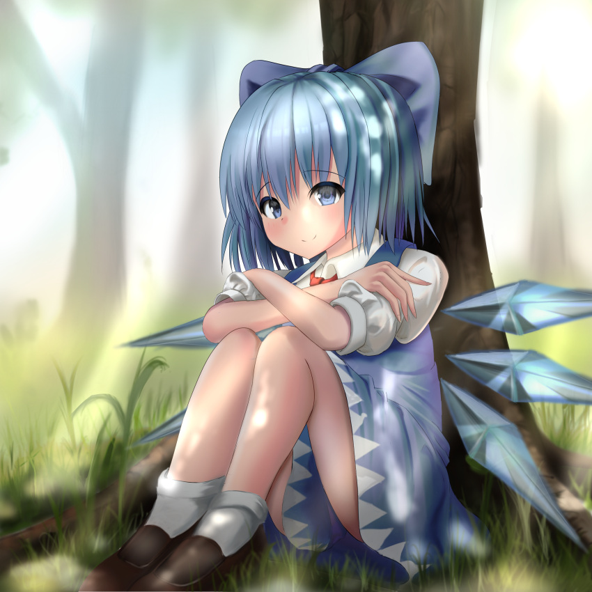 1girl absurdres blue_dress blue_eyes blue_hair blush bow cirno crossed_arms dress eyebrows_visible_through_hair grass hair_bow highres ice ice_wings looking_at_viewer naganegi_(yvee2588) puffy_short_sleeves puffy_sleeves shoes short_hair short_sleeves sitting smile socks solo touhou white_legwear wings