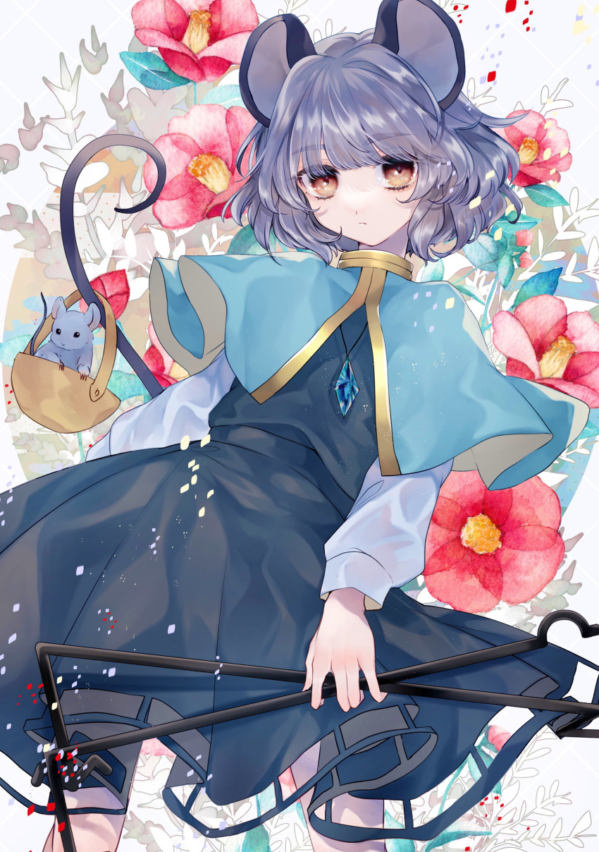 1girl :/ absurdres animal_ears aqua_capelet bangs basket commission dowsing_rod dress flower gold_trim grey_dress grey_hair highres holding jewelry katai_(nekoneko0720) long_sleeves looking_at_viewer mouse mouse_ears mouse_girl mouse_tail nazrin orange_eyes pendant red_flower shirt short_hair skeb_commission solo tail touhou white_shirt