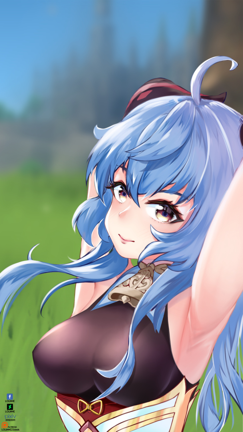 1girl armpits arms_up artist_logo bare_arms bell blue_hair breasts cowbell facebook_logo ganyu_(genshin_impact) genshin_impact highres horns lolinnez. long_hair looking_at_viewer neck_bell outdoors self_upload sidelocks solo upper_body