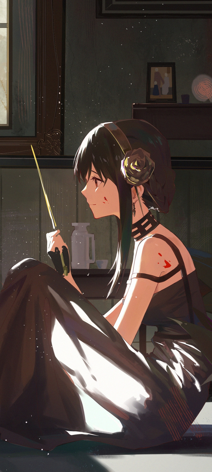 1girl absurdres bangs bare_shoulders black_dress black_gloves black_hair blood blood_on_face breasts chinese_commentary closed_mouth commentary dagger day dress dual_persona earrings feet_out_of_frame fingerless_gloves flower from_side gloves gold_hairband hair_flower hair_ornament hairband highres holding holding_dagger holding_weapon indoors jewelry knees_up knife light_particles light_smile long_hair looking_at_another medium_breasts on_floor picture_frame profile red_eyes rose sidelocks sitting spikes spy_x_family sunlight weapon window yor_briar zzz_zhi_he