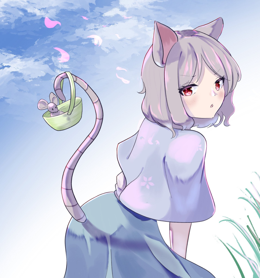 1girl animal_ears ass bangs basket blue_skirt blush capelet cherry_blossoms commentary_request cowboy_shot eyebrows_visible_through_hair grass grey_capelet grey_hair highres kulukulu3333 looking_at_viewer mouse mouse_ears mouse_girl mouse_tail nazrin open_mouth prehensile_tail red_eyes shirt short_hair skirt solo tail touhou white_shirt