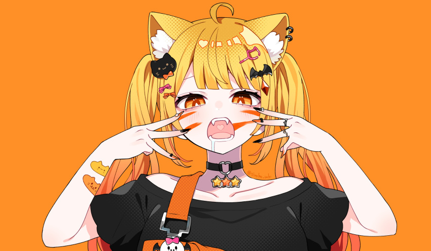 1girl absurdres ahoge animal_(vocaloid) animal_ear_fluff animal_ears bandaid bandaid_on_arm bangs bare_shoulders bat_hair_ornament black_choker black_nails black_shirt blonde_hair blush bow cat_ears cat_hair_ornament choker collarbone commentary_request drooling facial_mark fangs hair_bow hair_cones hair_ornament hairclip heart heart_choker highres hololive long_hair looking_at_viewer nail_polish off_shoulder official_art open_mouth orange_background orange_nails saliva shiroko shirt simple_background solo twintails virtual_youtuber yellow_eyes yozora_mel