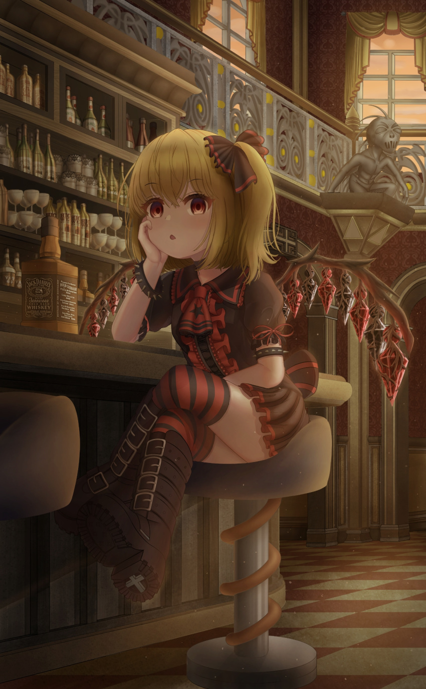 1girl alcohol alternate_costume blonde_hair book bookshelf boots brown_footwear chair cross-laced_footwear flandre_scarlet hair_ribbon head_rest highres indoors jack_daniel's jewelry lace-up_boots looking_at_viewer multiple_girls no_hat no_headwear puffy_short_sleeves puffy_sleeves red_eyes ribbon short_hair short_sleeves sitting solo striped striped_legwear thigh-highs touhou user_apeg8484 whiskey wings
