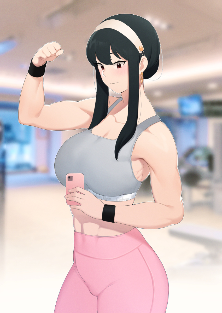 1girl arm_scrunchie bangs black_hair cellphone flexing gym hairband highres long_hair moebell pants phone pose red_eyes selfie sidelocks smartphone solo sports_bra spy_x_family sweatpants toned yor_briar