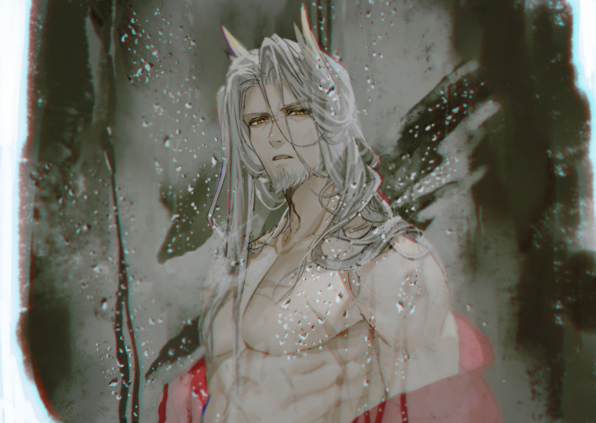 1boy arknights bare_pectorals beard facial_hair hellagur_(arknights) highres lalatia-meai large_pectorals long_hair looking_at_viewer male_focus mature_male mustache no_nipples open_clothes pectorals scar scar_on_chest solo toned toned_male undressing upper_body white_hair yellow_eyes