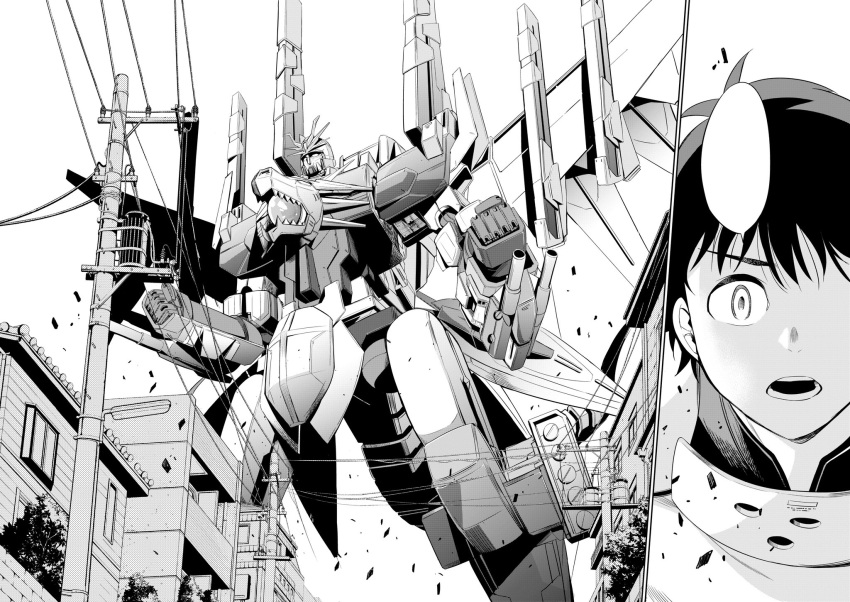 1boy bangs clenched_hands greyscale highres kawada_akio looking_up mecha mechanical_wings monochrome official_art open_mouth power_lines science_fiction super_robot textless v-fin wings zettai_seiiki_no_cherryon