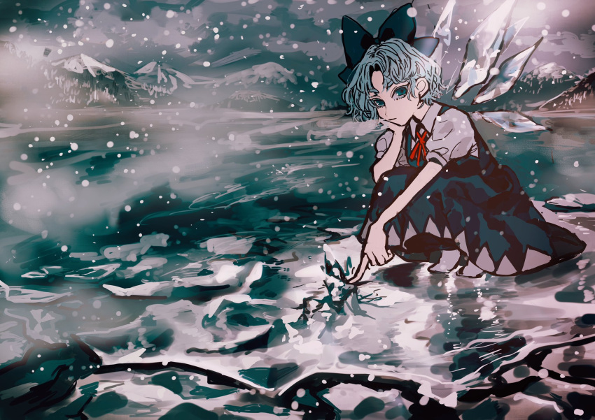 1girl bangs blue_bow blue_dress blue_eyes blue_hair bow cirno collared_shirt commentary dress frozen_lake full_body hair_bow hand_on_own_chin highres ice ice_wings looking_at_viewer mountainous_horizon neck_ribbon parted_bangs puffy_short_sleeves puffy_sleeves red_ribbon ribbon shirt short_hair short_sleeves sizuo_1997619 snowing socks solo touhou white_legwear white_shirt wings winter