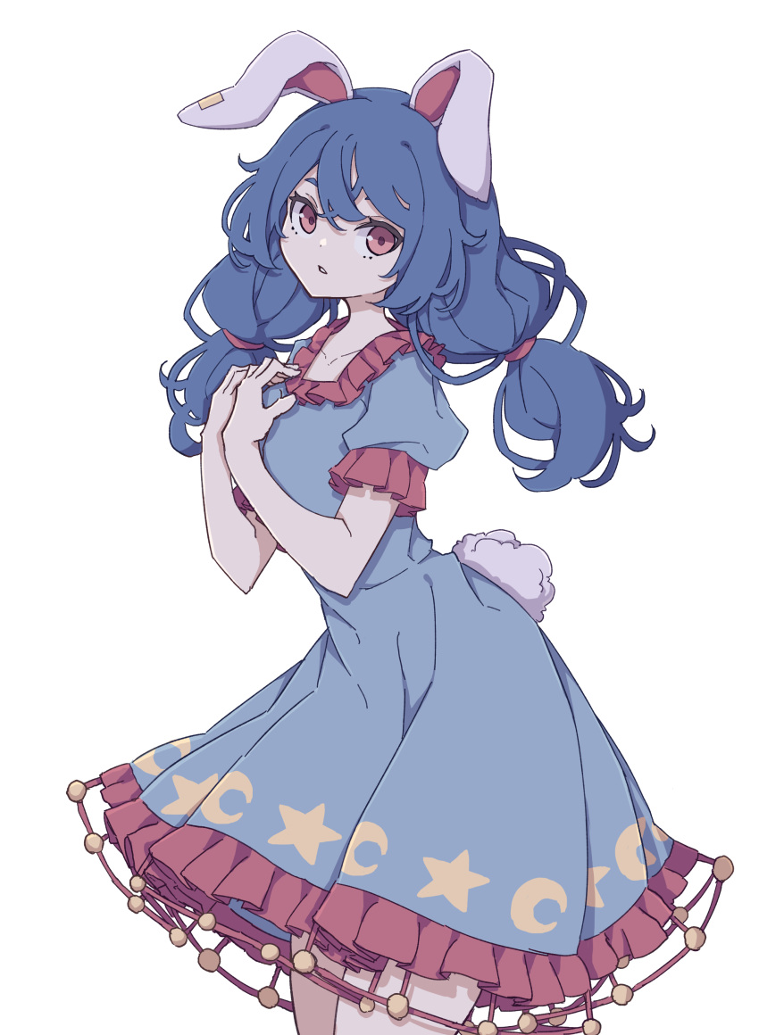 1girl absurdres animal_ears blue_dress blue_hair dress earclip frills highres kame_(kamepan44231) long_hair low_twintails puffy_short_sleeves puffy_sleeves rabbit_ears rabbit_tail red_eyes seiran_(touhou) short_sleeves solo star_(symbol) star_print tail touhou twintails white_background