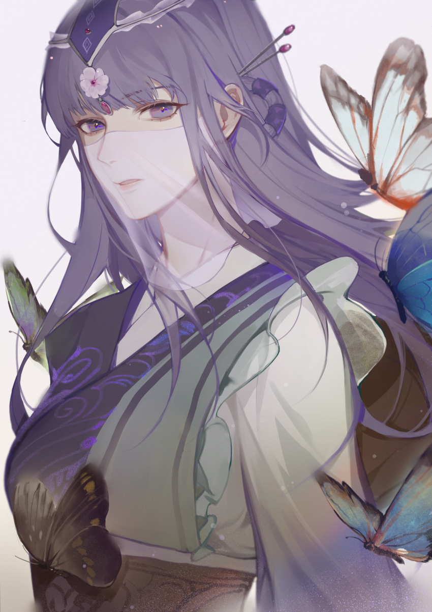 1girl absurdres bug butterfly hair_ornament hair_rings hairpin highres long_hair looking_at_viewer open_mouth purple_hair qin_shi_ming_yue shao_siming_(qin_shi_ming_yue) shao_siming_guang_wei solo upper_body veil white_background