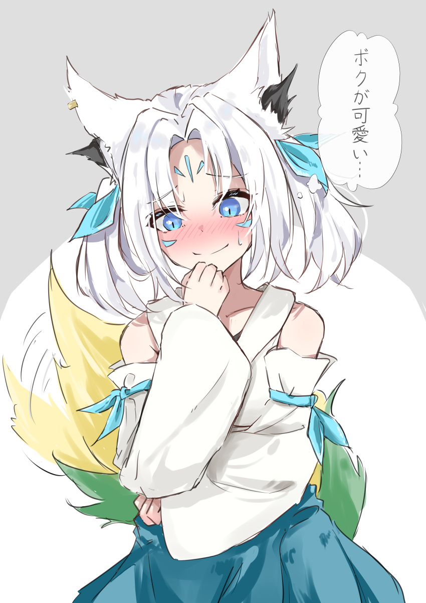 1girl absurdres animal_ear_fluff animal_ears blue_bow blue_eyes blush bow commentary_request detached_sleeves eyebrows_visible_through_hair fox_ears fox_girl hair_between_eyes hair_bow highres hololive japanese_clothes kimono kimono_skirt looking_at_viewer mikazuki1613 personification simple_background smile solo sukonbu_(shirakami_fubuki) sweat translation_request two_side_up white_background white_hair white_kimono