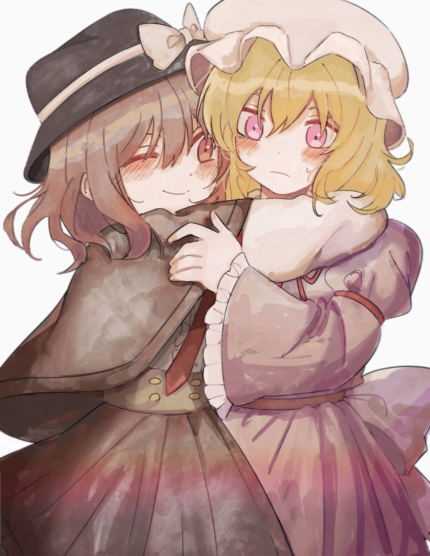 2girls ;) bangs black_capelet black_headwear black_skirt blonde_hair blush bow brown_hair capelet commentary dress embarrassed frilled_dress frills hair_between_eyes hand_on_another's_shoulder hat hat_bow highres hug long_sleeves looking_at_another looking_at_viewer maribel_hearn mob_cap multiple_girls neck_ribbon necktie one_eye_closed purple_bow purple_dress rbfnrbf_(mandarin) red_eyes red_necktie red_ribbon ribbon shirt skirt smile sweatdrop touhou usami_renko violet_eyes waist_bow white_background white_bow white_headwear white_shirt wide_sleeves