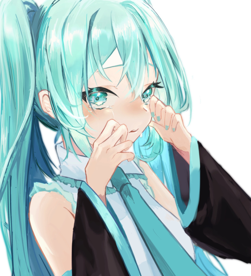 1girl aqua_eyes aqua_hair aqua_necktie bangs collared_shirt crying detached_sleeves hatsune_miku highres long_hair looking_at_viewer necktie number_tattoo shirt simple_background tattoo tears twintails vocaloid white_background white_shirt wide_sleeves yukihira_makoto