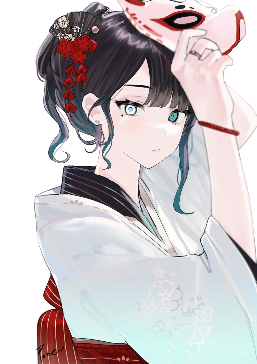 1girl arms_up bangs black_hair blue_eyes braid eyebrows_behind_hair eyebrows_visible_through_hair flower green_eyes hair_between_eyes hair_flower hair_ornament hairclip highres japanese_clothes jewelry kimono long_hair looking_at_viewer mask mask_on_head mask_removed multicolored_eyes original ribbon ring simple_background solo upper_body white_background yougashi