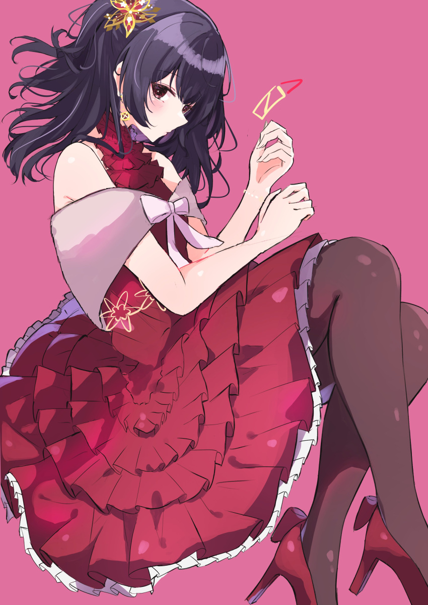 1girl absurdres black_legwear blush dark_blue_hair dress frilled_dress frills high_heels highres idolmaster idolmaster_shiny_colors l_ski9 looking_at_viewer medium_hair morino_rinze pantyhose petticoat profile red_background red_dress red_footwear simple_background sleeveless sleeveless_dress solo