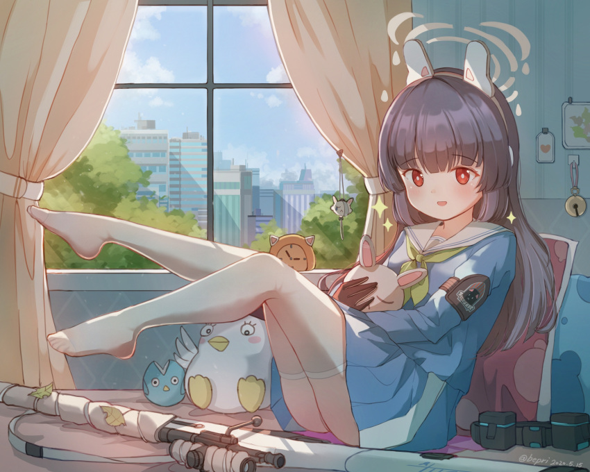 1girl :d akizuki_kawakaze animal_ears armband ass bangs bell belt belt_removed black_belt black_gloves black_hair blue_archive blue_serafuku blue_shirt blue_skirt blunt_bangs blush bolt_action bright_pupils building charm_(object) cityscape clock clouds commentary curtains dated day eyebrows_visible_through_hair fake_animal_ears feet_up gloves green_neckerchief gun halo heart highres hime_cut indoors jingle_bell leaf long_hair long_sleeves looking_at_viewer miyu_(blue_archive) mosin-nagant neckerchief no_shoes object_hug on_bed open_mouth pillow pleated_skirt rabbit_ears raised_eyebrows red_eyes rifle sailor_collar school_uniform serafuku shirt signature sitting skindentation skirt sky smile sniper_rifle solo sparkle stuffed_animal stuffed_bird stuffed_bunny stuffed_toy thigh-highs tree twitter_username wallpaper_(object) weapon white_legwear white_pupils white_sailor_collar window