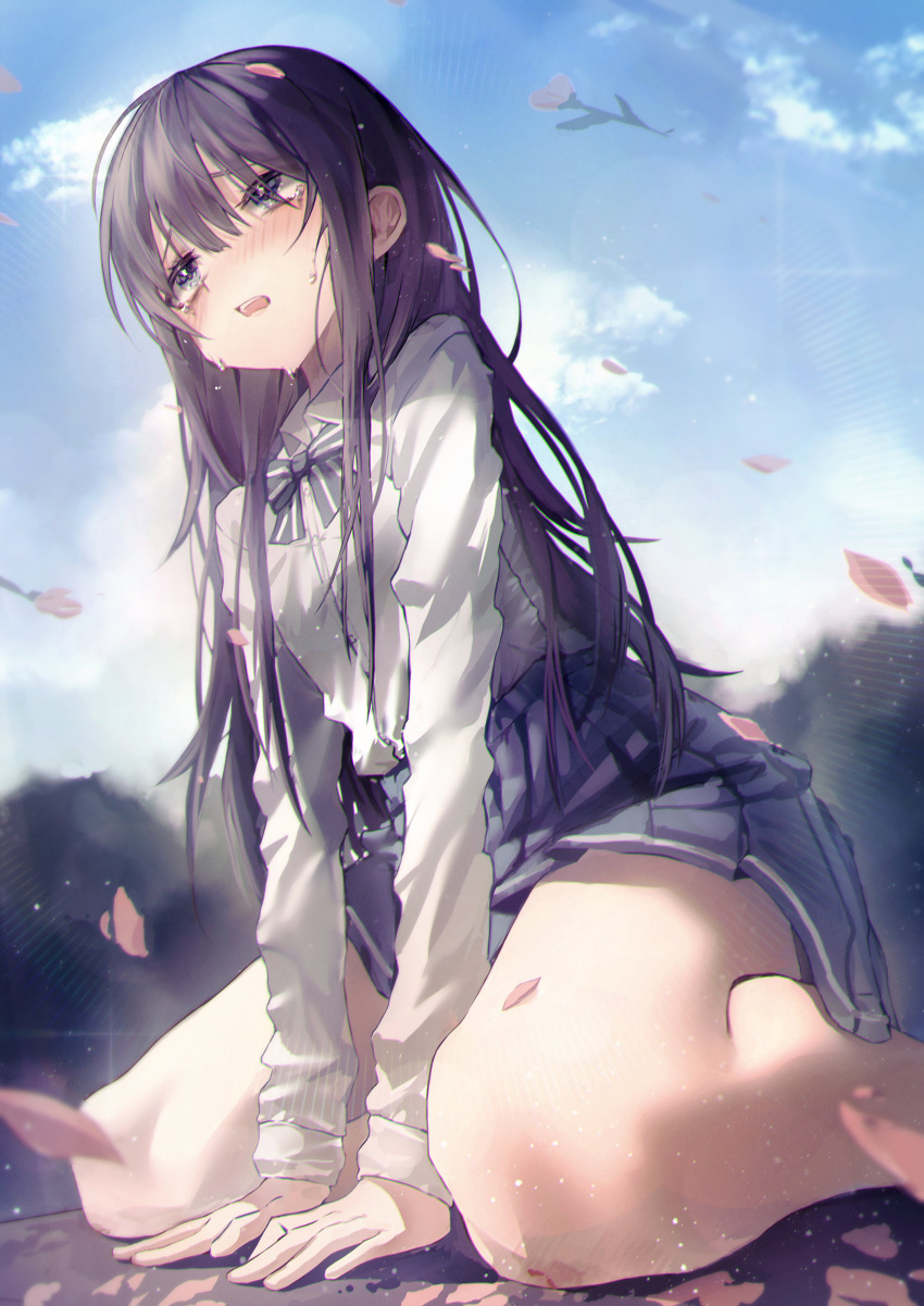 1girl absurdres bangs bare_legs blue_sky blush bow bowtie clouds collared_shirt copyright_request dress_shirt han_seol highres kneeling long_hair long_sleeves petals pleated_skirt purple_bow purple_bowtie purple_hair purple_skirt shirt skirt sky solo tearing_up tears violet_eyes white_shirt