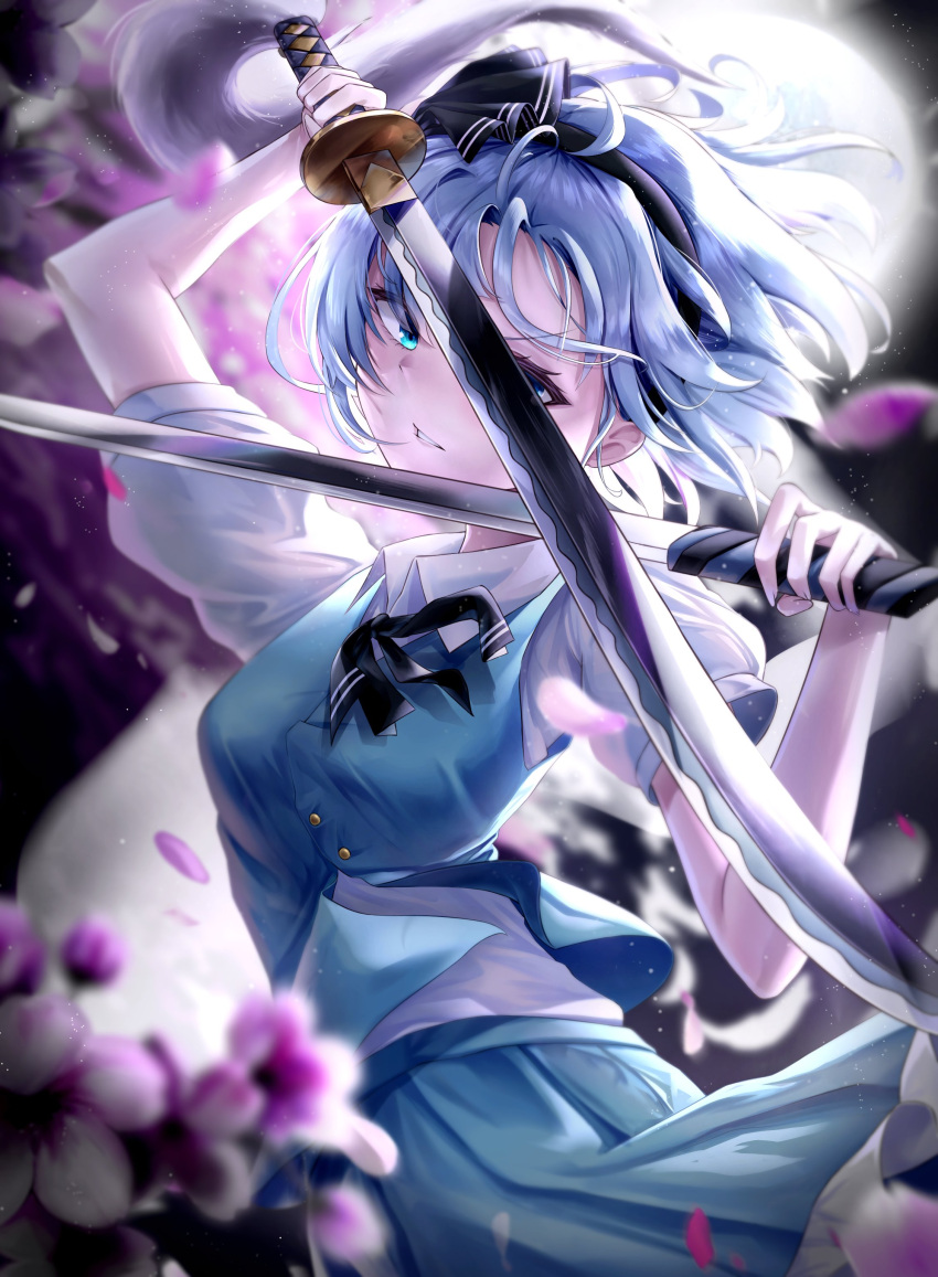 absurdres aqua_eyes black_bow black_bowtie black_hairband blue_skirt blue_vest bow bowtie collared_shirt flower hair_bow hairband highres holding holding_weapon katana konpaku_youmu light_blue_hair petals purple_flower shirt short_hair short_sleeves skirt sword tiokun7 touhou vest weapon white_shirt