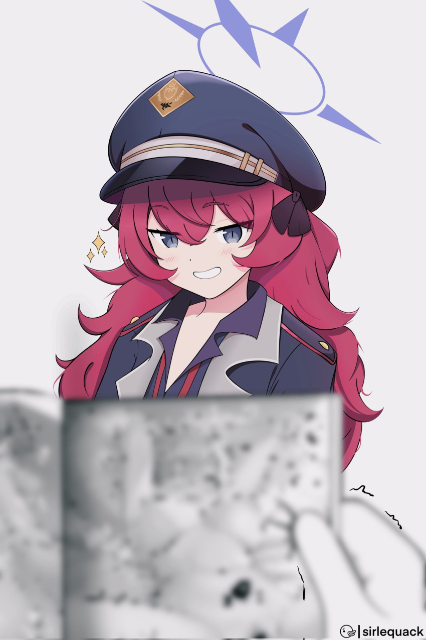 1girl artist_name blue_archive blue_eyes blurry blurry_foreground blush hair_between_eyes halo hat highres iroha_(blue_archive) manga_(object) military_hat naughty_face pov reading redhead simple_background sirlequackk solo_focus sparkle white_background