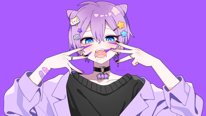 1boy ahoge animal_(vocaloid) bandaid bandaid_on_arm bangs bat_hair_ornament black_choker black_nails black_shirt blue_eyes blush bow cat_hair_ornament choker collarbone commentary_request drooling earrings facial_mark fangs hair_bow hair_cones hair_ornament hairclip heart heart_choker highres jewelry looking_at_viewer nail_polish official_art open_mouth paw_hair_ornament purple_background purple_hair purple_nails saliva shiroko shirt short_hair simple_background solo star_(symbol) star_hair_ornament virtual_youtuber yupekun