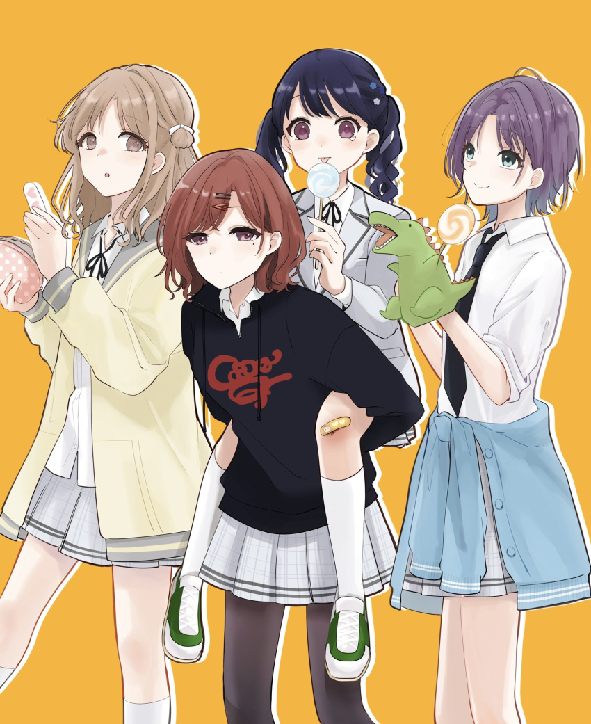 19_okeke 4girls ahoge aqua_eyes asakura_toru bandaid bandaid_on_knee bandaid_on_leg bangs black_hair black_legwear black_necktie black_ribbon blazer blue_hair brown_eyes brown_hair candy cardigan carrying clothes_around_waist earrings flower food fukumaru_koito gradient_hair grey_jacket grey_skirt hair_bun hair_flower hair_ornament hair_ribbon hairclip hand_puppet highres higuchi_madoka ichikawa_hinana idolmaster idolmaster_shiny_colors jacket jacket_around_waist jewelry kneehighs lollipop long_hair miniskirt mole mole_under_eye multicolored_hair multiple_girls neck_ribbon necktie noctchill_(idolmaster) open_cardigan open_clothes pantyhose piggyback plaid plaid_skirt pleated_skirt puppet ribbon sailor_collar school_uniform shirt short_hair side_bun skirt sweatshirt swept_bangs twintails violet_eyes white_legwear white_shirt yellow_background yellow_cardigan