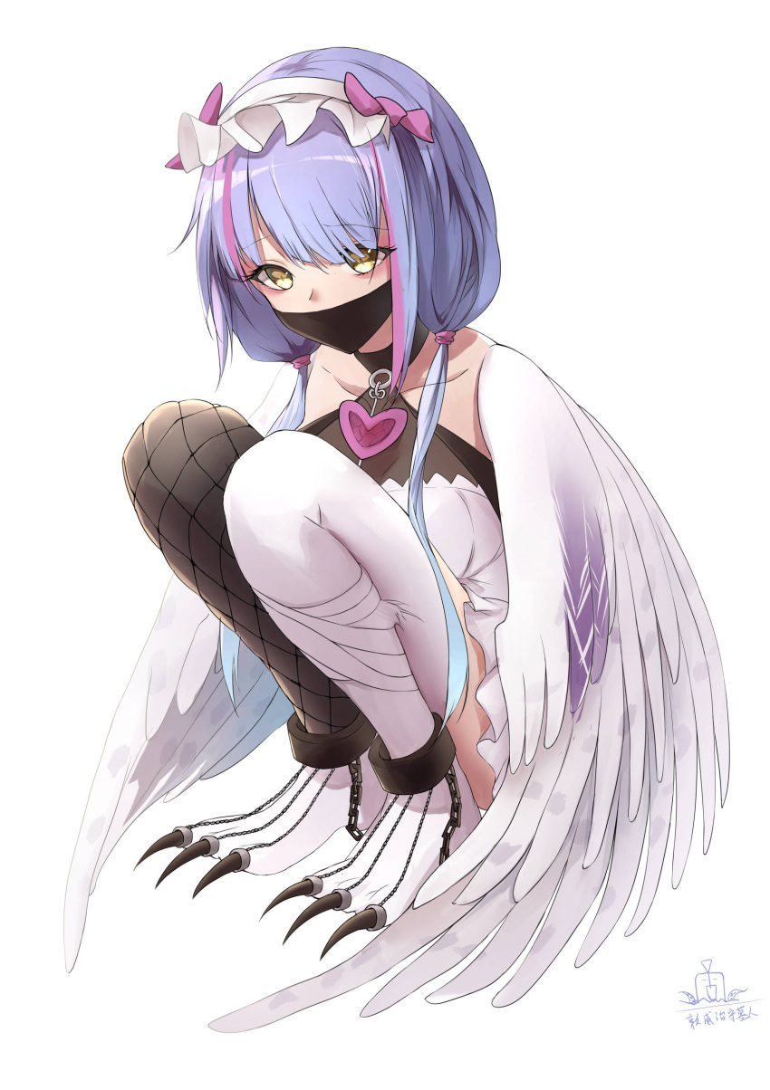 1girl absurdres alternate_costume anklet black_legwear breasts chinese_commentary clover_theater commentary_request feathered_wings harpy highres jewelry mask medium_breasts monster_girl mouth_mask purple_hair sandway_(clover_theater) simple_background solo squatting talons white_background white_feathers white_legwear white_wings winged_arms wings xueci yellow_eyes
