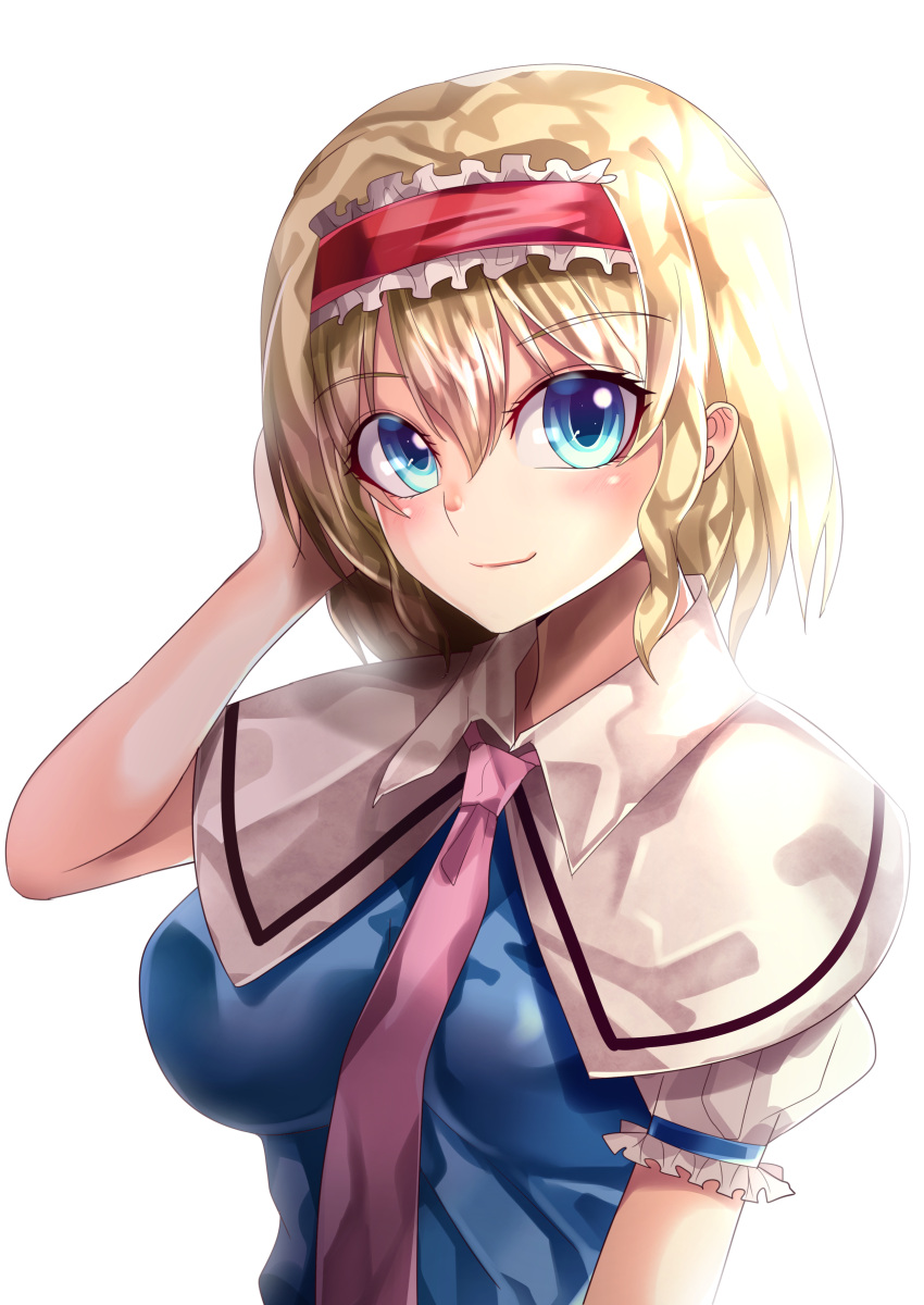 1girl absurdres alice_margatroid backlighting blonde_hair blue_dress blue_eyes breasts capelet closed_mouth commentary_request dress eyebrows_visible_through_hair frilled_hairband frilled_sleeves frills hair_between_eyes hairband hand_in_own_hair highres looking_at_viewer maboroshi_mochi medium_breasts necktie pink_necktie puffy_short_sleeves puffy_sleeves red_hairband shiny shiny_hair short_hair short_sleeves simple_background smile solo touhou upper_body white_background white_capelet