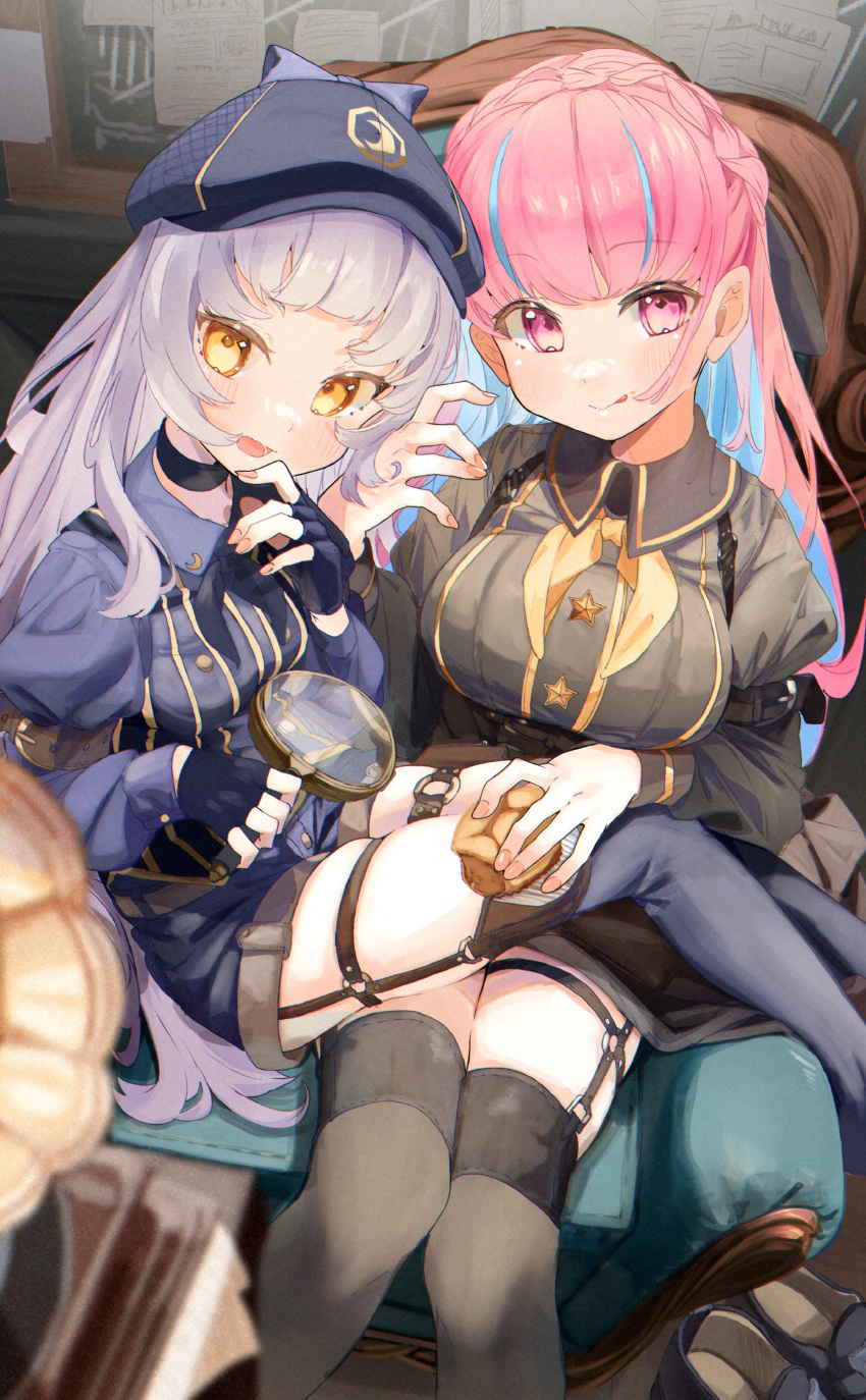 2girls :d :p absurdres arm_strap bangs black_choker black_legwear black_shirt blue_hair blue_headwear blue_legwear blue_neckerchief blue_shirt blush braid breasts choker closed_mouth collared_shirt colored_inner_hair couch crown_braid eyebrows_visible_through_hair food grey_hair hat highres holding holding_food holding_magnifying_glass hololive indoors large_breasts legwear_garter long_hair long_sleeves magnifying_glass minato_aqua multicolored_hair multiple_girls murasaki_shion nanaco_41n neckerchief on_couch pink_eyes pink_hair shirt shoes shoes_removed smile thigh-highs tongue tongue_out very_long_hair virtual_youtuber yellow_eyes yellow_neckerchief