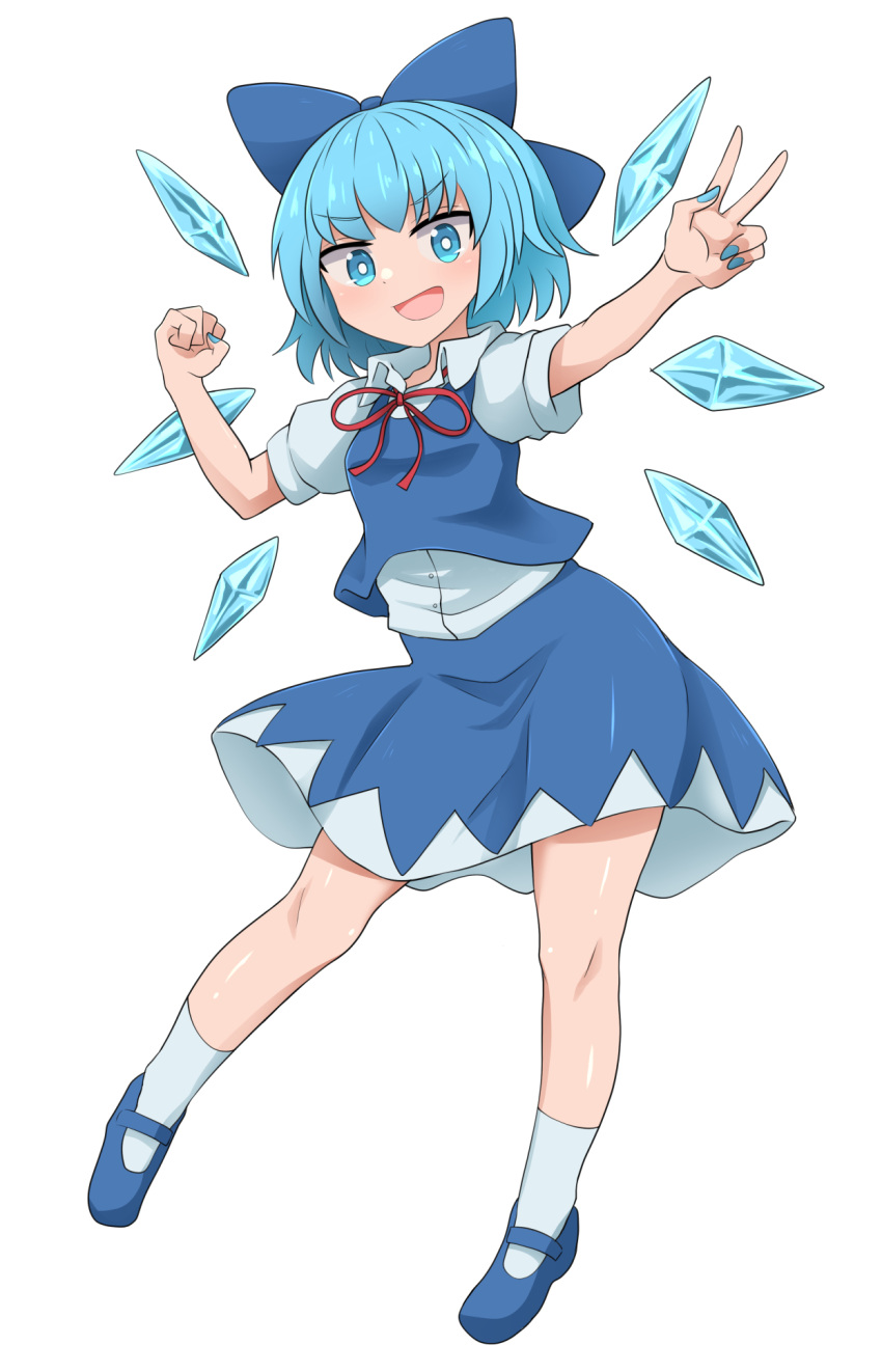 1girl :d blue_eyes blue_hair blue_nails bow chups cirno dress full_body hair_bow highres ice ice_wings looking_at_viewer mary_janes nail_polish neck_ribbon open_mouth puffy_sleeves red_ribbon ribbon shirt shoes short_hair short_sleeves smile solo standing touhou v white_background white_shirt wings