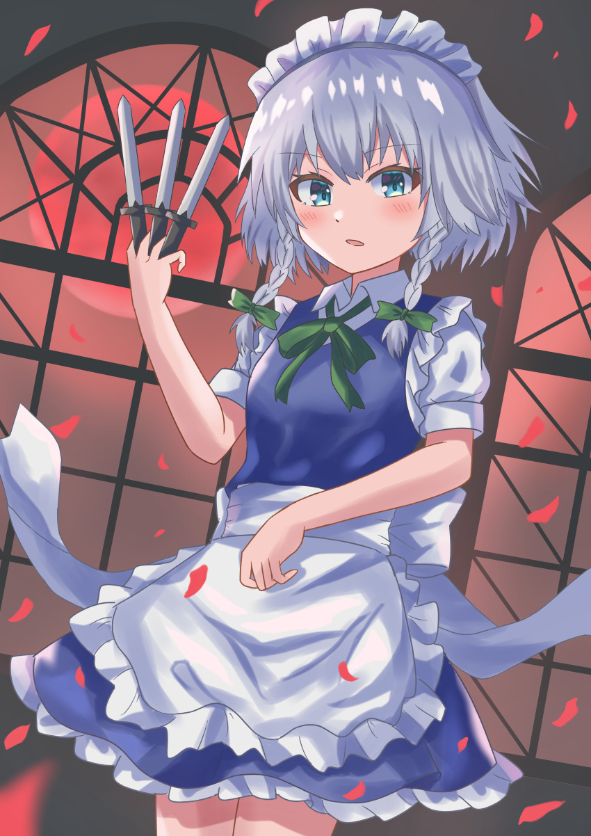 1girl absurdres apron bangs blue_dress blue_eyes blush bow braid breasts cowboy_shot dress eyebrows_visible_through_hair frilled_apron frills green_bow green_ribbon hair_bow hand_up high_meron highres holding holding_weapon izayoi_sakuya knife looking_at_viewer maid maid_apron maid_headdress medium_breasts neck_ribbon parted_lips petals petticoat puffy_short_sleeves puffy_sleeves ribbon rose_petals shirt short_dress short_hair short_sleeves solo standing thighs touhou twin_braids waist_apron weapon white_apron white_shirt