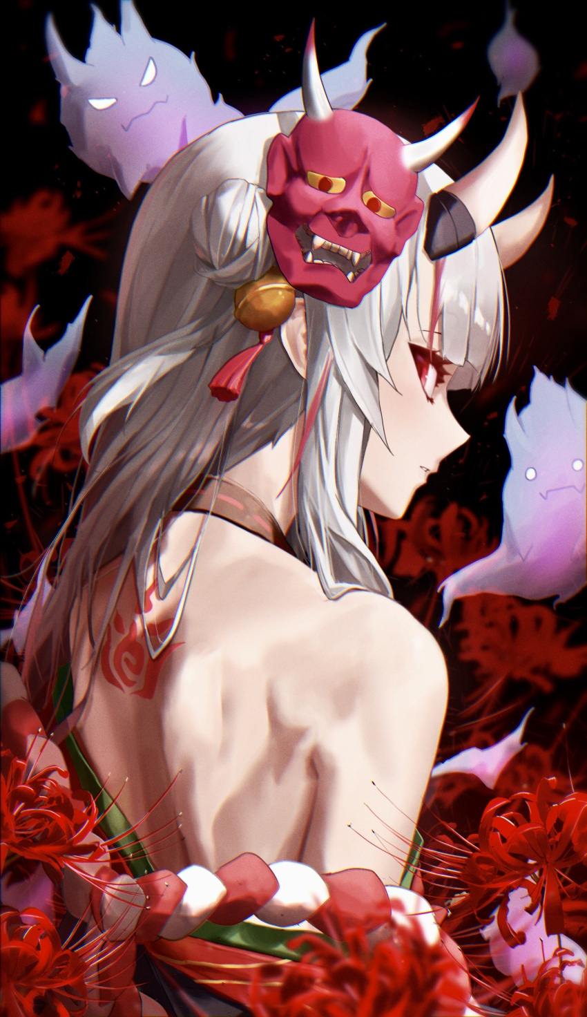 1girl back_tattoo bangs bare_shoulders bell black_choker blunt_bangs choker creature flower from_behind grey_hair hair_bell hair_ornament highres hololive horns jingle_bell long_hair looking_at_viewer looking_back mask mask_on_head multicolored_hair nakiri_ayame oni_horns oni_mask parted_lips red_eyes red_flower redhead rope shimenawa side_bun sidelocks skin-covered_horns solo spider_lily streaked_hair tassel tattoo toi1et_paper two-tone_hair upper_body virtual_youtuber