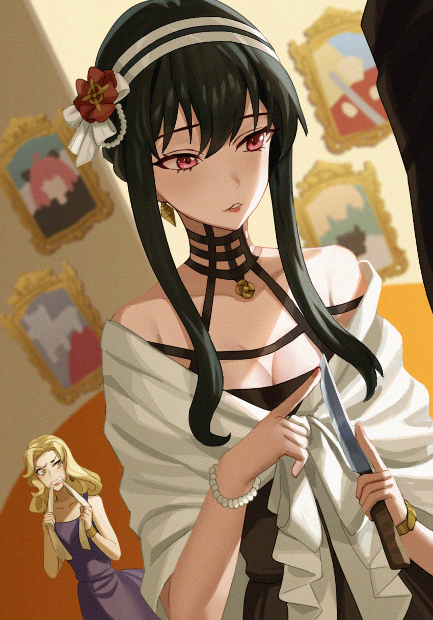 2girls 777._(pixiv) bangs bare_shoulders bead_bracelet beads biting black_dress black_hair blonde_hair bracelet breasts butter_knife camilla_(spy_x_family) dress flower hair_flower hair_ornament hairband highres holding holding_knife index_finger_raised jealous jewelry knife lipstick long_hair looking_to_the_side makeup medium_breasts multiple_girls parted_lips picture_frame purple_dress red_eyes red_flower red_lips shawl sidelocks solo_focus spy_x_family table_knife white_hairband yellow_eyes yor_briar