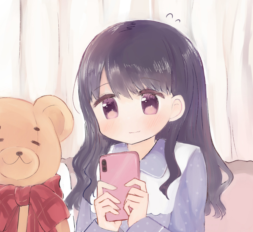 1girl bangs black_hair commentary_request curtains fangs flying_sweatdrops fukumaru_koito hair_down highres holding holding_phone idolmaster idolmaster_shiny_colors long_hair long_sleeves migirinano pajamas phone skin_fangs solo stuffed_animal stuffed_toy swept_bangs teddy_bear upper_body violet_eyes