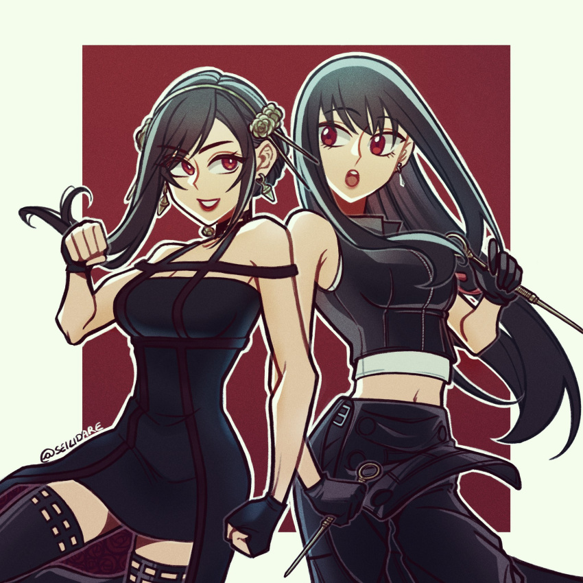 2girls breasts color_connection cosplay costume_switch cowboy_shot crop_top dagger dress earrings final_fantasy final_fantasy_vii final_fantasy_vii_advent_children final_fantasy_vii_remake gold_earrings gold_hairband hair_color_connection highres holding holding_dagger holding_weapon jewelry knife long_hair medium_breasts midriff multiple_girls open_mouth red_eyes seilidare sleeveless spy_x_family standing stiletto_(weapon) tifa_lockhart tifa_lockhart_(cosplay) two-sided_dress two-sided_fabric updo weapon yor_briar yor_briar_(cosplay)