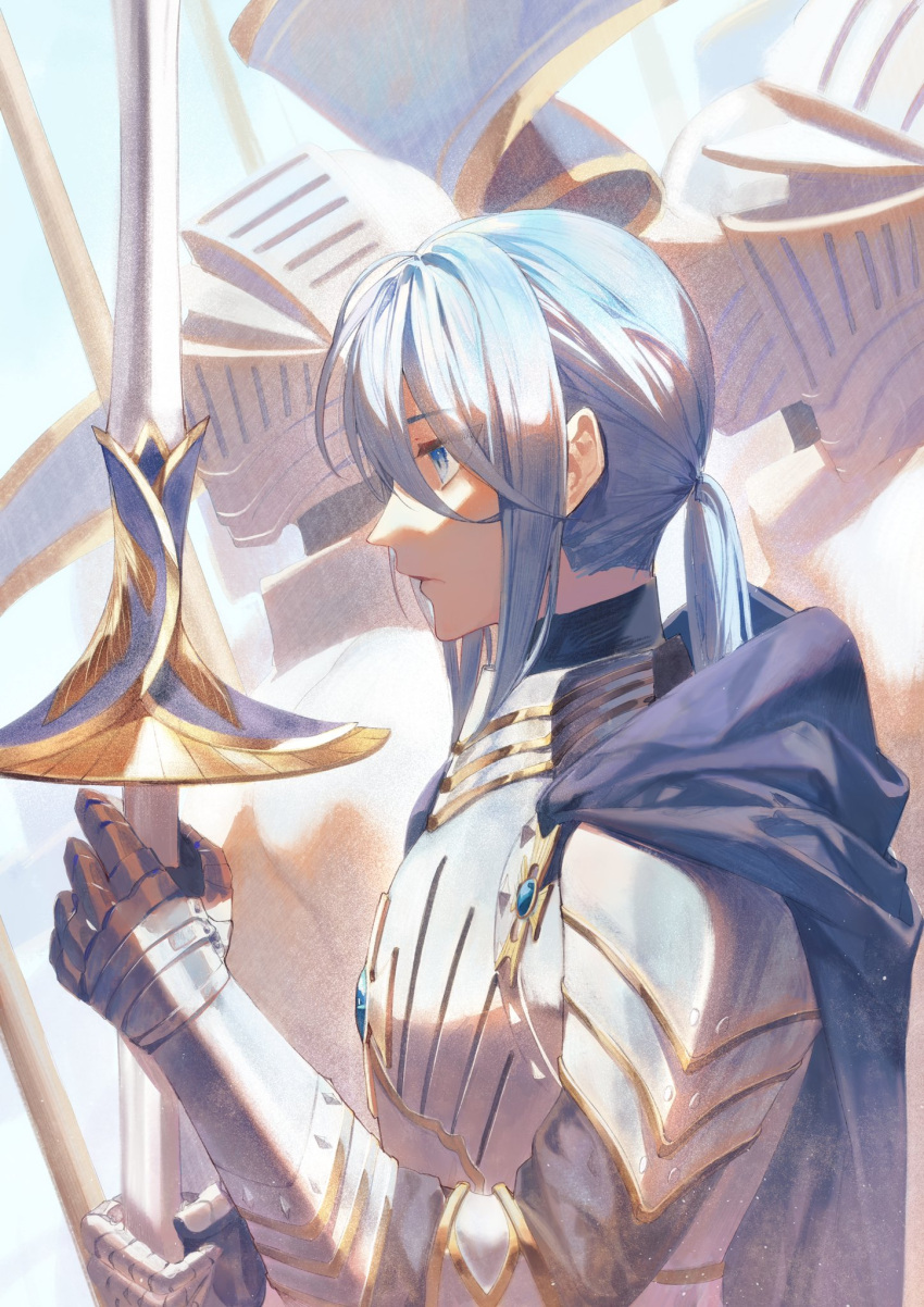 1boy armor blue_eyes eiden_(nu_carnival) full_armor gauntlets helmet highres knight lance light_blue_hair long_hair long_sleeves low_ponytail male_focus medieval nu_carnival plate_armor polearm profile sad_adrian weapon