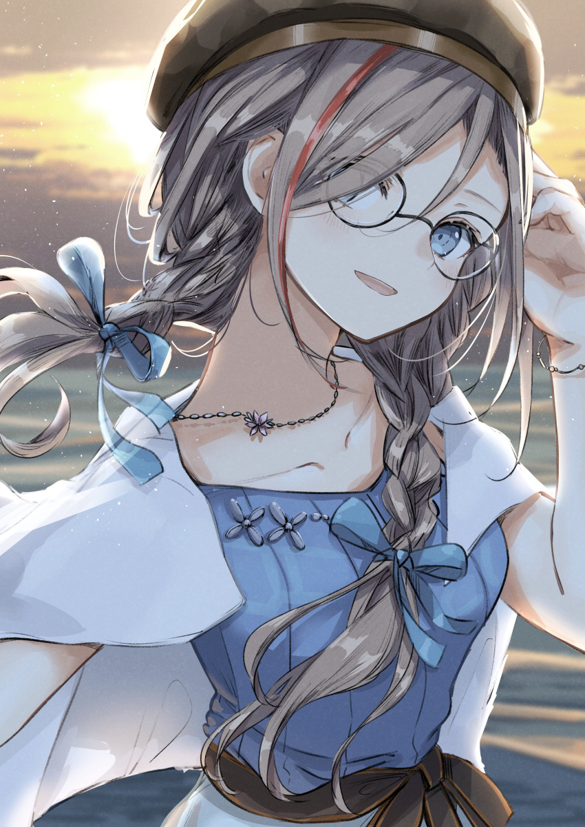 1girl absurdres beach beret blue_eyes braid brown_hair casual collarbone glasses hair_ribbon hat highres jacket jacket_on_shoulders jewelry kurusu_natsume long_hair low_twintails multicolored_hair necklace nijisanji ogura_tubuan open_mouth redhead ribbed_shirt ribbon shirt smile streaked_hair sunset twin_braids twintails upper_body virtual_youtuber