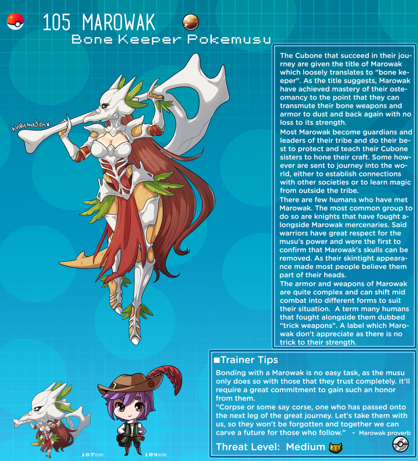 1boy artist_name brown_hair character_name character_profile character_sheet english_commentary english_text hair_ornament hat_feather highres kinkymation long_hair marowak monster_girl personification poke_ball poke_ball_(basic) pokemon purple_hair scales skull skull_hair_ornament tail very_long_hair weapon