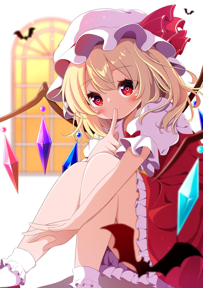 1girl absurdres bangs blonde_hair blurry blurry_background blush crystal eyebrows_visible_through_hair feet_out_of_frame finger_to_mouth flandre_scarlet frills g4ku hat hat_ribbon highres knees_up looking_at_viewer mob_cap one_side_up petticoat puffy_short_sleeves puffy_sleeves red_eyes red_ribbon red_skirt red_vest ribbon shirt short_sleeves shushing sitting skirt skirt_set smile socks solo thighs touhou vest white_headwear white_legwear white_shirt wings