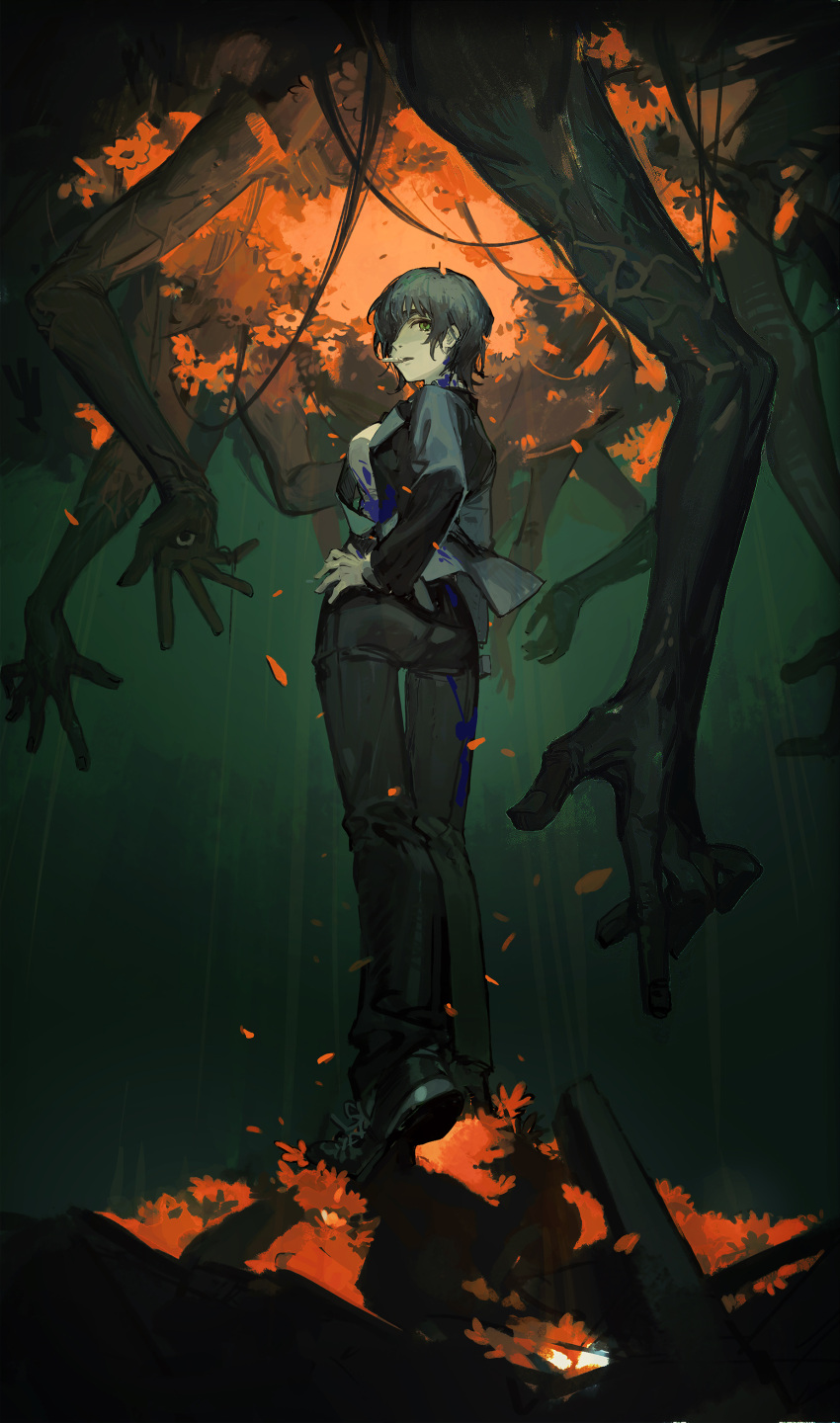 1girl absurdres autumn_leaves black_footwear black_hair black_pants black_suit blood blood_on_clothes blue_blood chainsaw_man cigarette ciloranko eyepatch formal from_behind full_body ghost_hands green_eyes hand_on_hip highres himeno_(chainsaw_man) looking_back one_eye_covered pants shoes short_hair smoking solo standing suit