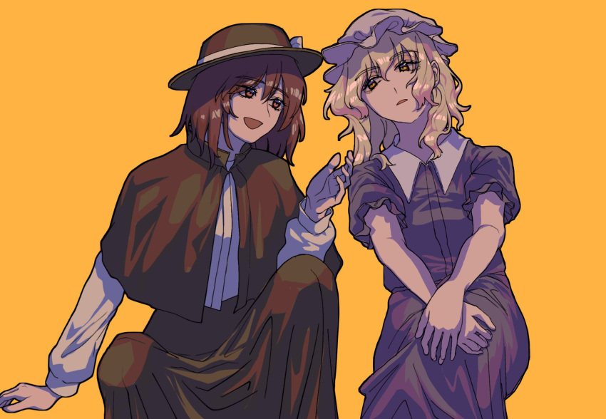 2girls :d bangs black_capelet black_headwear black_skirt blonde_hair bow brown_eyes brown_hair capelet collared_dress commentary_request dress eyebrows_visible_through_hair fedora hair_between_eyes hands_on_own_knees hat hat_bow highres knee_up long_sleeves looking_at_another maribel_hearn me_ri0815 mob_cap multiple_girls orange_eyes own_hands_together puffy_short_sleeves puffy_sleeves purple_dress shirt short_hair short_sleeves sitting skirt smile talking touhou usami_renko white_bow white_headwear white_shirt yellow_background