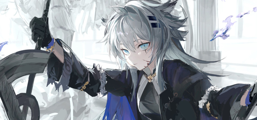 1girl animal_ear_fluff animal_ears arknights black_coat black_gloves blood blood_on_face blue_eyes closed_mouth coat croquette_crab dual_wielding fire gloves grey_hair hair_ornament hairclip highres holding holding_sword holding_weapon lappland_(arknights) lappland_(refined_horrormare)_(arknights) long_hair long_sleeves looking_at_viewer official_alternate_costume open_clothes open_coat purple_fire scar scar_across_eye scar_on_face smile solo statue sword upper_body very_long_hair weapon wolf_ears