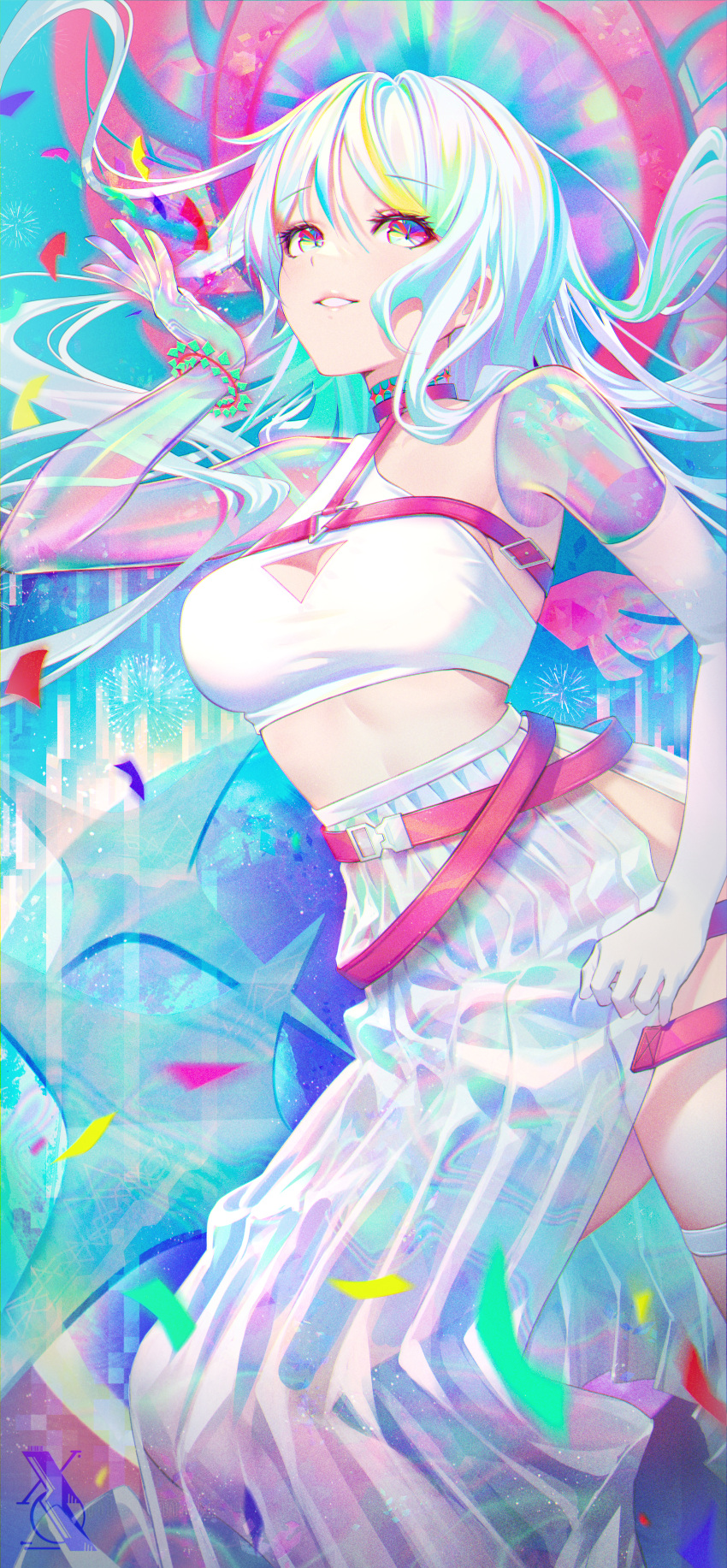 1girl absurdres bangs banned_artist breasts commentary confetti crop_top dai_nikucho elbow_gloves gloves hair_between_eyes hand_up highres long_skirt medium_breasts multicolored_eyes multicolored_hair original parted_lips pleated_skirt rainbow_eyes see-through shirt side_slit single_glove skirt solo streaked_hair white_gloves white_hair white_shirt