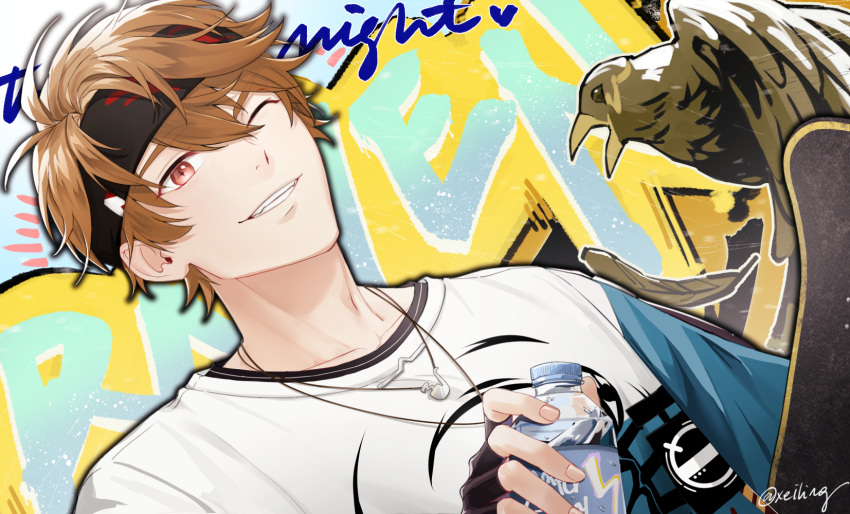 1boy :d bangs black_gloves bottle brown_eyes brown_hair casual fingerless_gloves gloves grin highres holding holding_bottle jewelry luke_pearce_(tears_of_themis) necklace one_eye_closed shirt short_hair smile solo tears_of_themis teeth water_bottle white_shirt xeiling