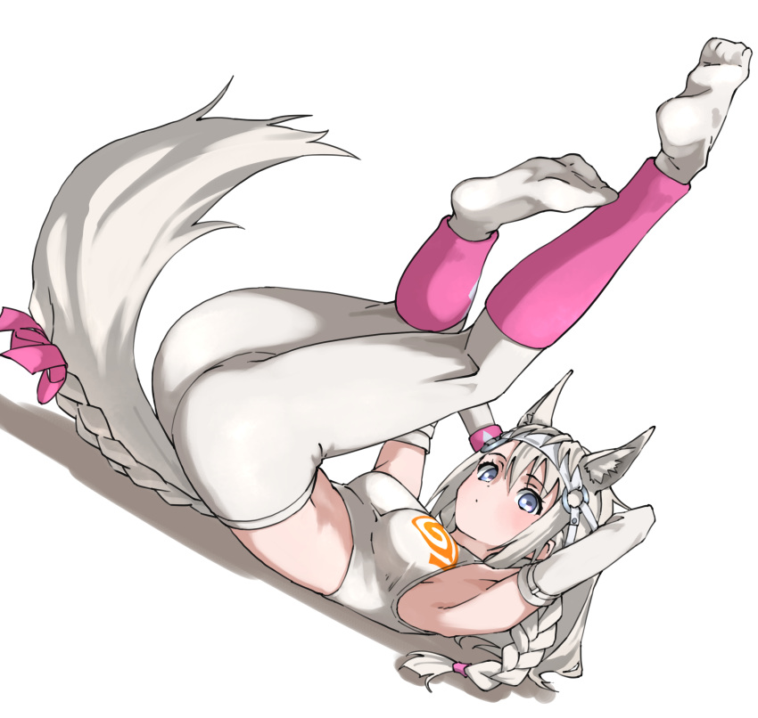 1girl animal_ears arms_behind_head blue_eyes blush bow braid braided_tail commentary elbow_gloves extra_ears eyebrows_visible_through_hair gloves hair_bow headgear highres horse_ears horse_girl horse_tail kemono_friends leg_warmers legs_up long_hair lying midriff no_shoes on_back pantyhose pink_bow sleeveless solo sports_bra sportswear tail tail_bow tail_ornament tanabe_(fueisei) thighs white_gloves white_hair white_legwear white_sports_bra white_thoroughbred_(kemono_friends)