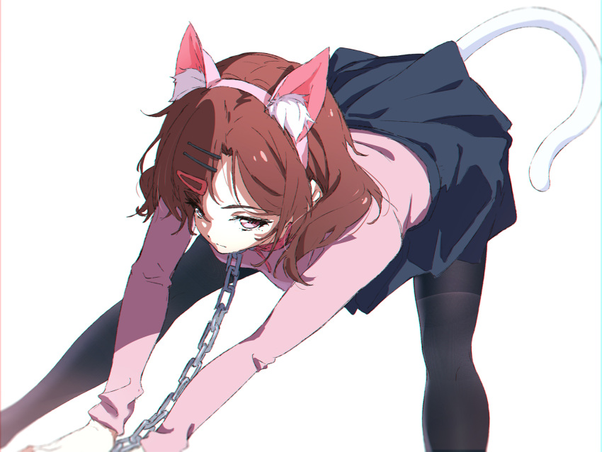 1girl animal_ears black_legwear black_skirt cat_ears cat_tail chain chain_leash fake_animal_ears hair_ornament hairclip hairpin highres higuchi_madoka idolmaster idolmaster_shiny_colors leaning_forward leash looking_at_viewer mole mole_under_eye own_hands_together pantyhose pink_shirt red_eyes redhead shirt simple_background skirt solo tail thighband_pantyhose white_background yakumo_crack