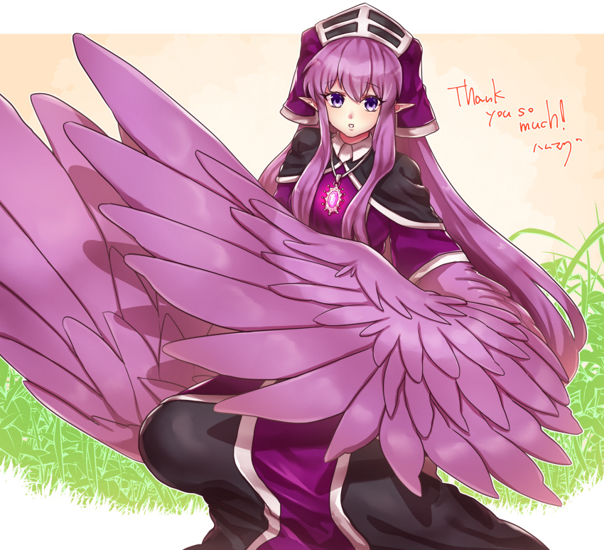 1girl amulet bangs commission grass hamham_121 harpy highres long_hair monster_girl original parted_lips pointy_ears purple_feathers purple_hair purple_wings sidelocks skeb_commission solo thank_you very_long_hair violet_eyes winged_arms wings