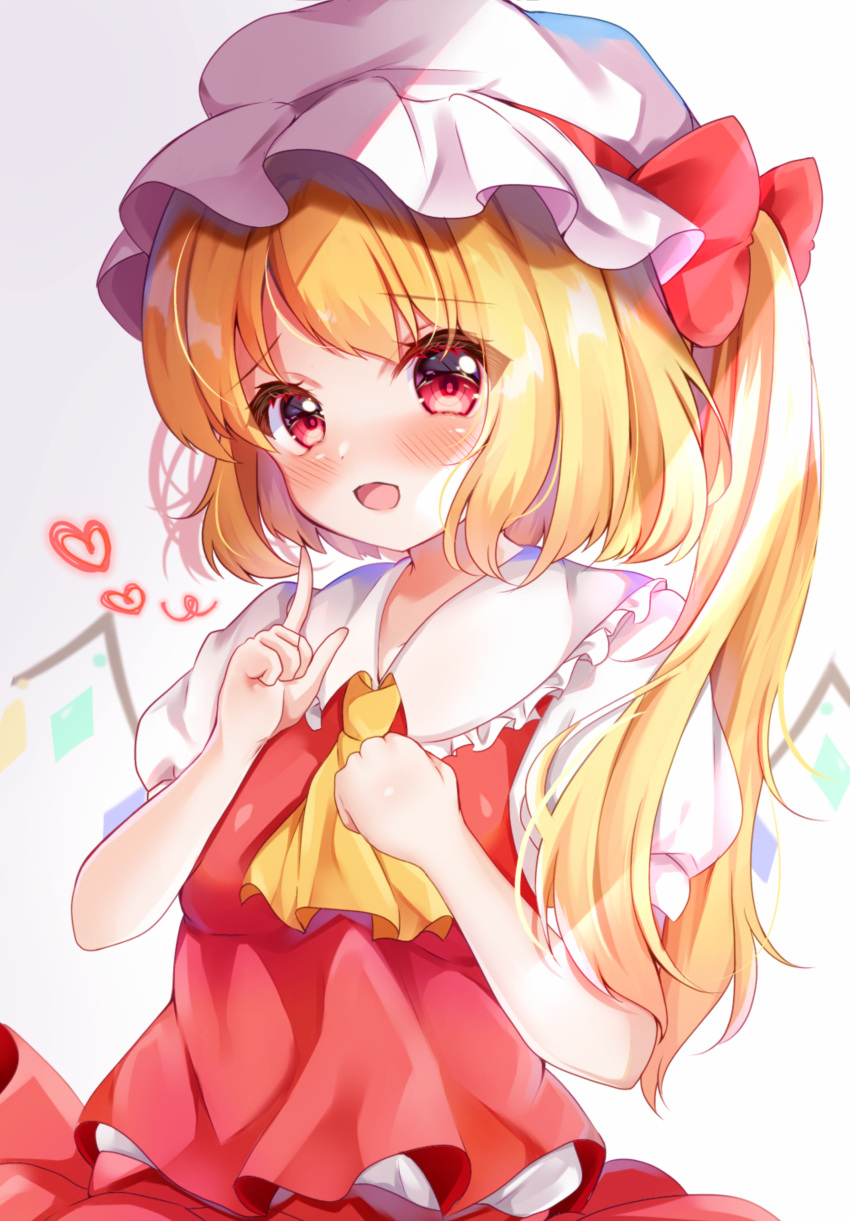 1girl absurdres ascot bangs blonde_hair blush bow crystal eyebrows_visible_through_hair flandre_scarlet frilled_shirt_collar frills grey_background hat hat_bow heart highres index_finger_raised long_hair looking_at_viewer mob_cap one_side_up open_mouth puffy_short_sleeves puffy_sleeves red_bow red_eyes red_skirt red_vest shirotsuki_shirone shirt short_sleeves skirt skirt_set solo touhou vest white_headwear white_shirt wings