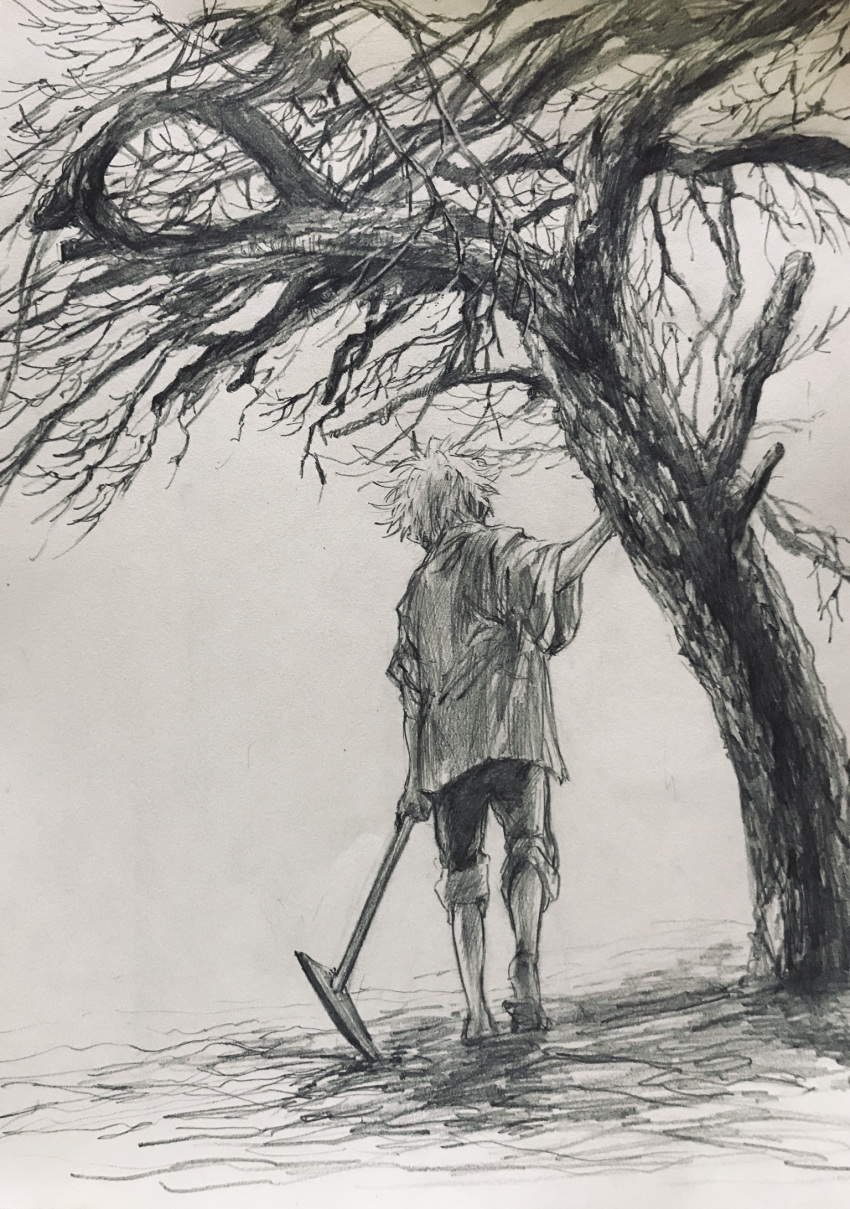 1boy arm_at_side bare_tree child facing_away from_behind greyscale hand_up heel_pop highres hoe holding kimetsu_no_yaiba male_focus monochrome outstretched_arm shinazugawa_sanemi short_hair sketch sleeves_rolled_up solo standing sunao_(pixiv46678627) tree under_tree walking wide_sleeves younger zouri