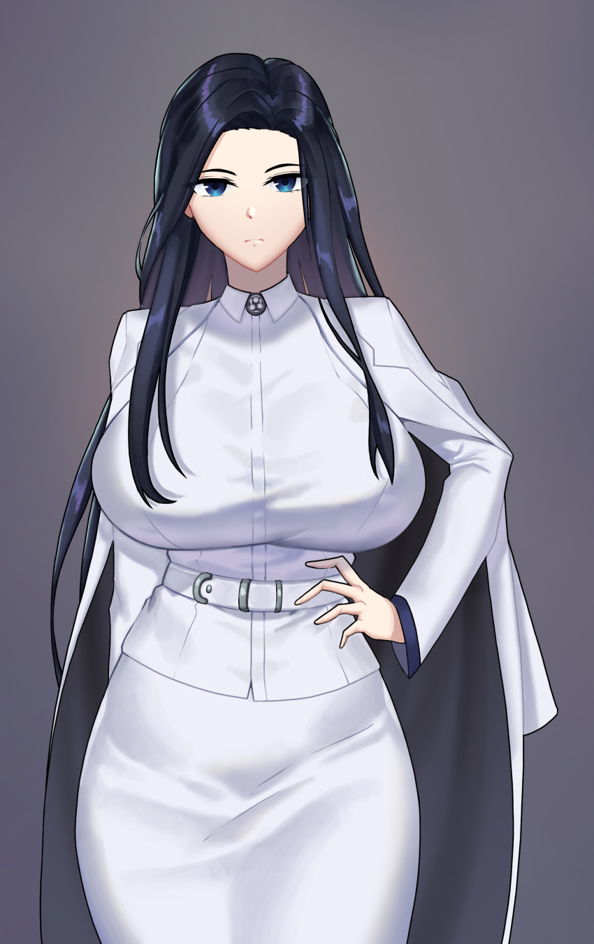 1girl absurdres bangs blue_eyes breasts coat dark_blue_hair expressionless eyebrows eyelashes female forehead grey_background hand_on_hip highres hips huge_breasts invincible_dragon_(last_origin) kinnexs large_breasts last_origin long_hair looking_at_viewer parted_bangs shirt simple_background skirt solo straight_hair thick_thighs thighs very_long_hair white_coat white_shirt white_skirt wide_hips