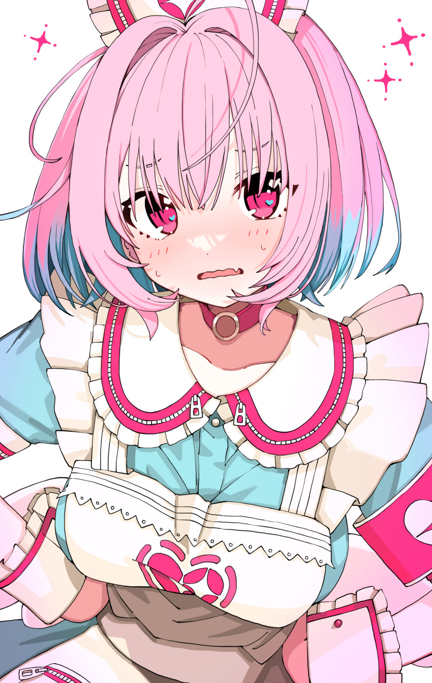 1girl absurdres bangs blue_hair blush breasts choker fang hands_on_hips highres idolmaster idolmaster_cinderella_girls large_breasts looking_at_viewer multicolored_hair open_mouth pink_eyes pink_hair red_choker short_hair simple_background skin_fang solo sweatdrop two-tone_hair uyuyu_(uyu) wavy_mouth white_background yumemi_riamu